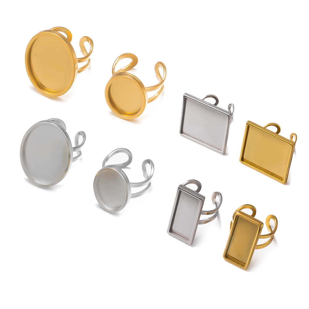 Jewelry Making Ring Tool - 4 個ステンレス鋼ゴールデンブランク調整可能なリングフラットラウンドカボションベーストレイ設定 DIY ジュエリー作成所見供給