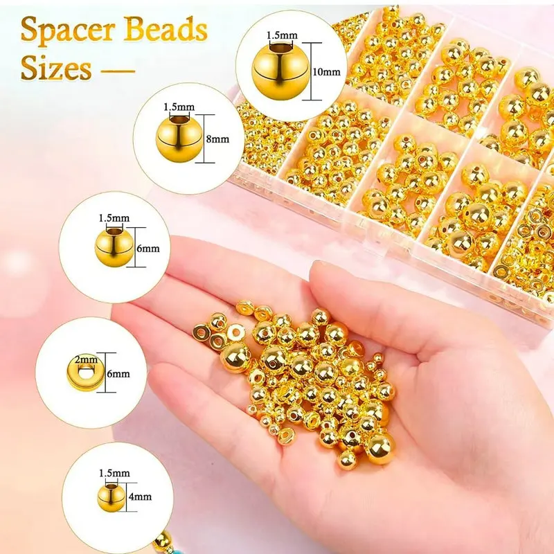 Jewelry Making Tutorial - 1000個入りゴールデンスペーサービーズキットCCBボールラウンドスムーズルースビーズキット、ブレスレット作り、クラフトDIYジュエリー製作用品用
